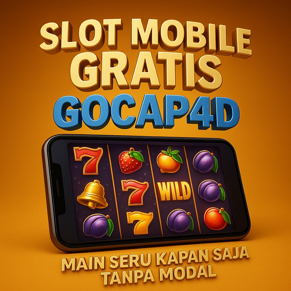 Tampilan 3D slot mobile gratis GOCAP4D dengan elemen koin emas, jackpot 777, dan teks mockup futuristik dalam nuansa visual HD.
