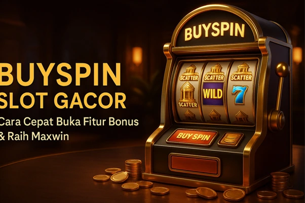 3D mockup elegan menampilkan mesin slot buyspin gacor dengan nuansa mewah dan fitur bonus aktif