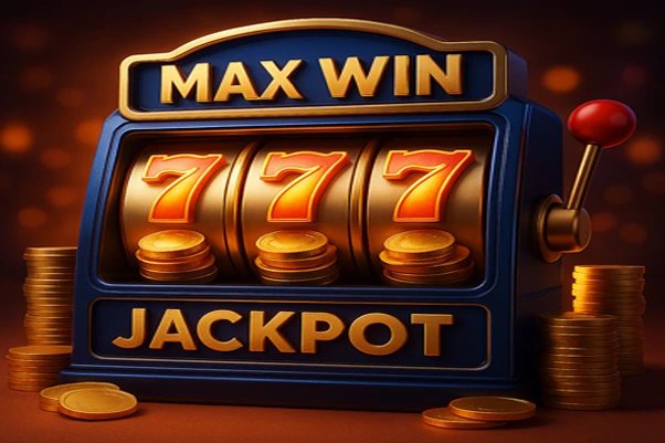 3D ilustrasi slot machine modern dengan tampilan HD, menampilkan simbol jackpot dan koin emas, mewakili Game Slot Maxwin Terbaru yang menawarkan cuan besar.